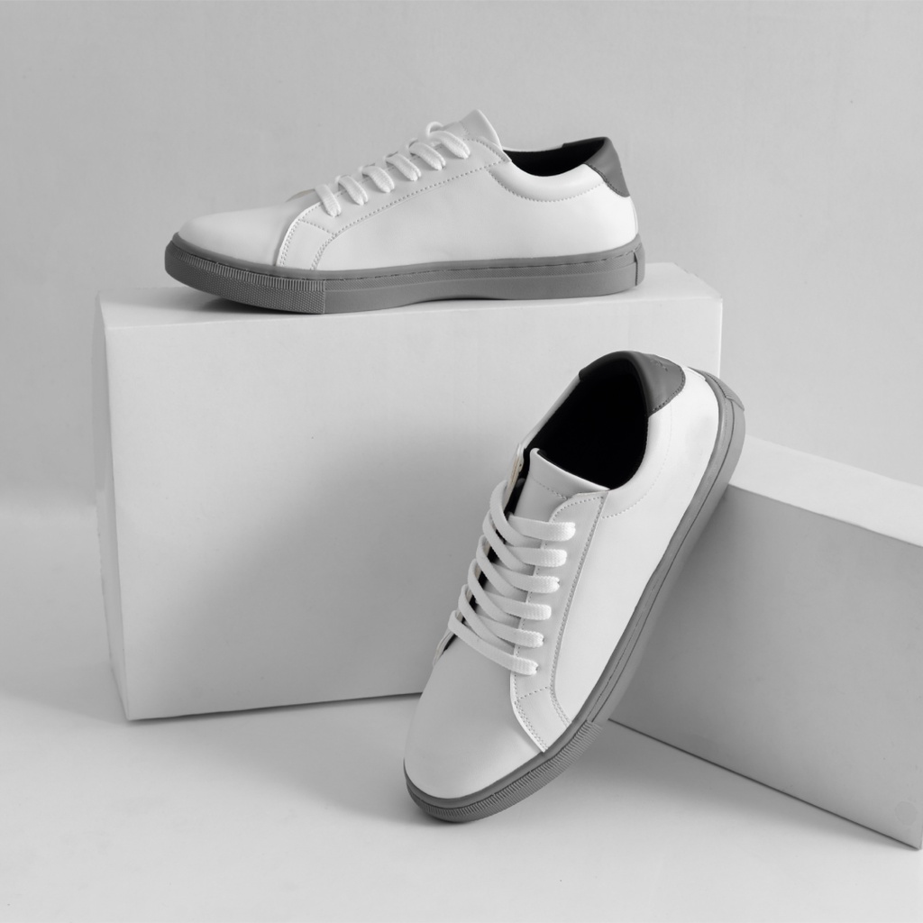 Sepatu Sneakers Pria Wanita Casual Kulit Putih Kasual Simpel Cowok Cewek Ori - Victor WhiteGrey