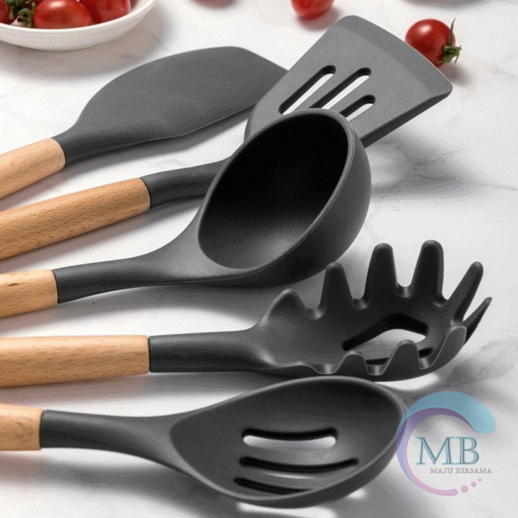 RT82 Kitchen Utensil Silicone wood 12pcs Set Peralatan Dapur Masak Baking Sutil Spatula Sendok Silikon Set Alat Masak 11 in 1 gagang kayu MB2924