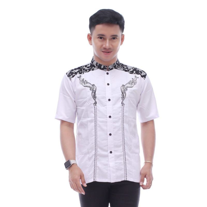 baju koko putih lengan pendek bordir batik, baju koko lebaran baju, koko Ramadhan