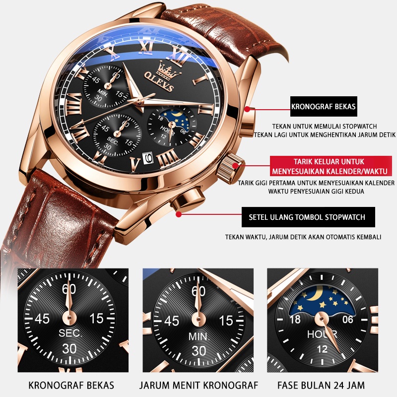 OLEVS Jam Tangan Pria Original Anti Air Kulit Tahan Keren Luxury Chronograph Watch Men Multifungsi Hitam Coklat Cod