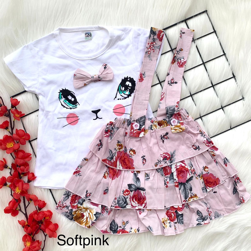 Baju setelan kaos overall dress motif bunga fashion anak bayi cewek perempuan baby girl murah -mii-overall pink