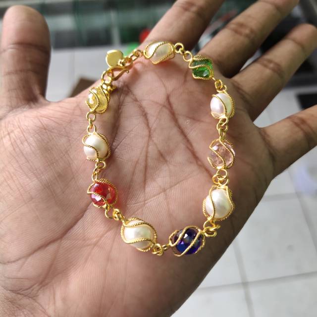 Gelang Kurung Mutiara Air Tawar Lapis Emas 24k Kombinasi Kristal Shopee Indonesia