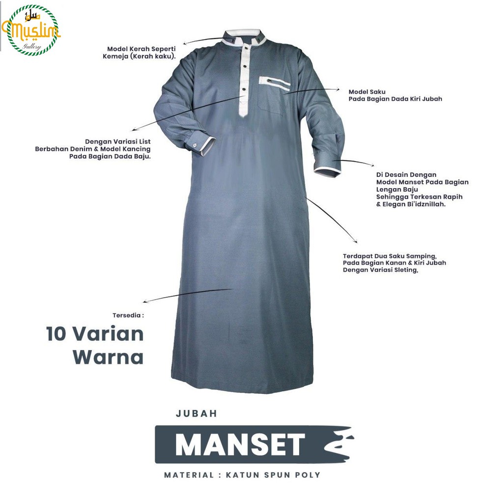 Baju Jubah Gamis Pria Lengan Panjang Model Saudi Bahan Katun Dengan Manset di Lengan-2