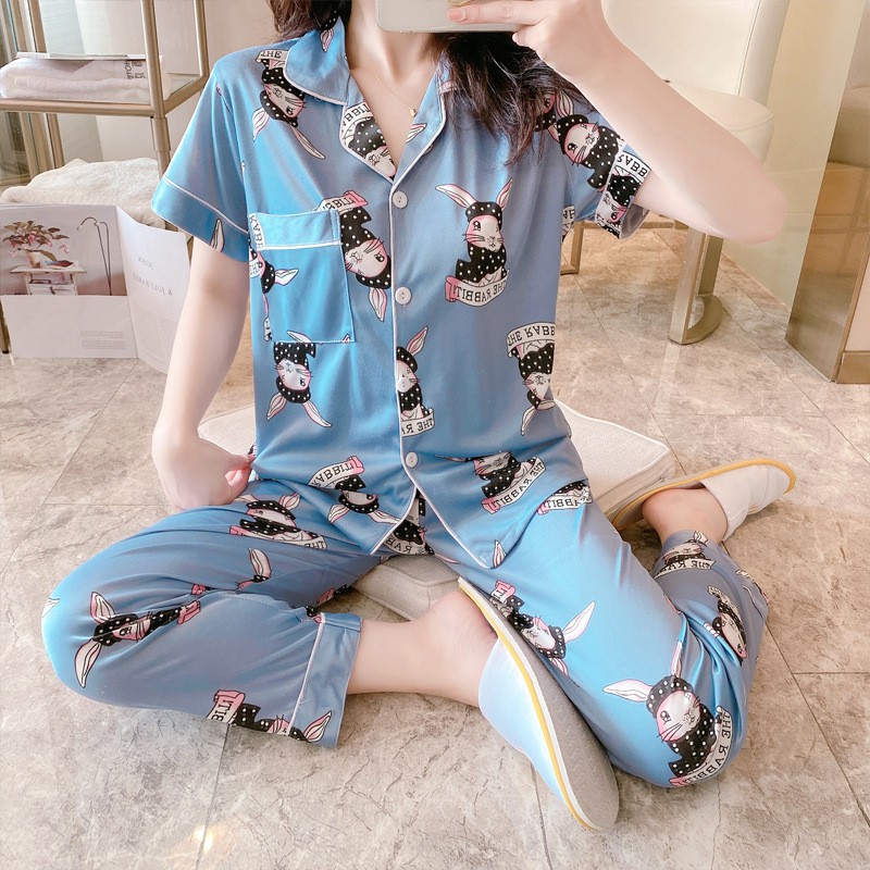 BAJU TIDUR PIYAMA SET KEMEJA CP LENGAN PENDEK CELANA PANJANG IMPORT PREMIUM BANYAK MOTIF-Rabbit Blue