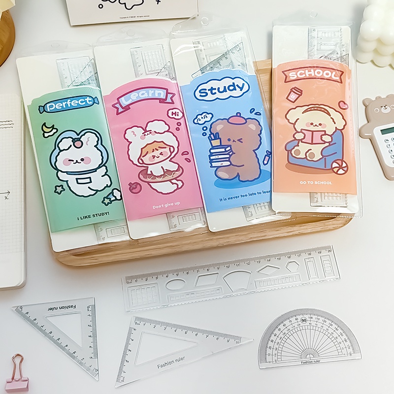 4pcs / Set Penggaris Plastik Transparan Motif Kartun Untuk Pelajar