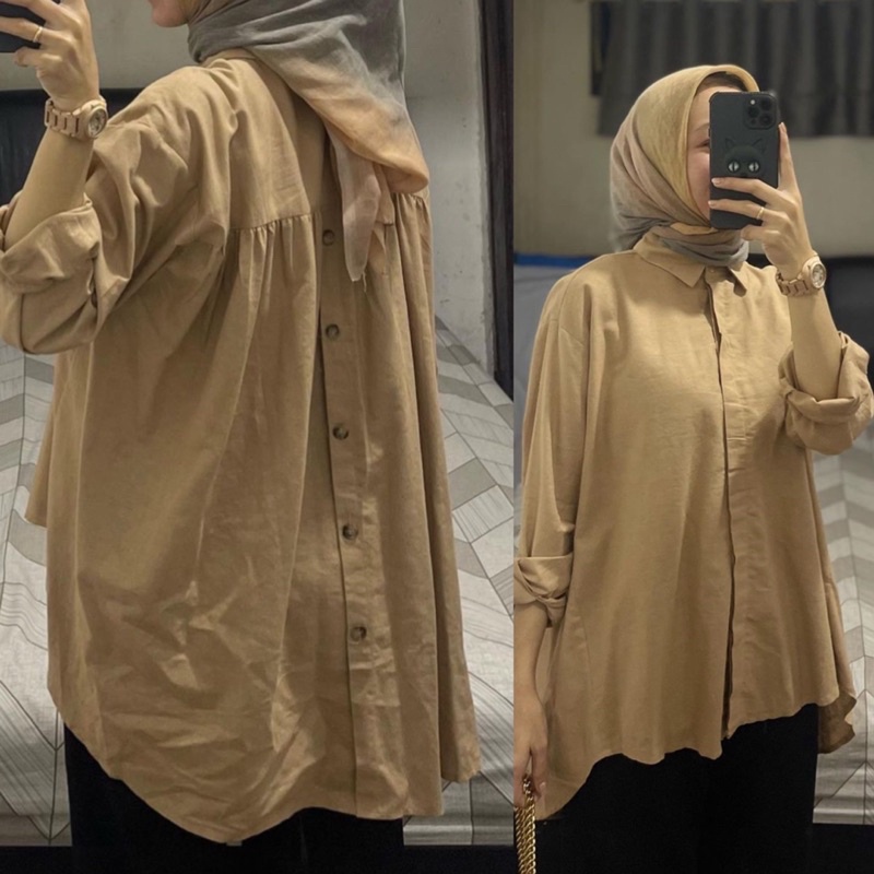 FC - RIKA TOP / KEMEJA WANITA XXL / RIKA MUCH BUTTON TOP / ANJANI KEMEJA LINEN KANCING BELAKANG BAJU