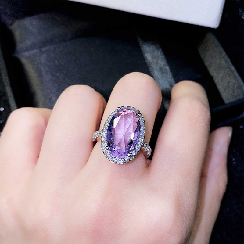 Perhiasan Cincin Cubic Zirconia Ungu Bentuk Oval Besar Untuk Aksesoris Pesta Pernikahan Wanita