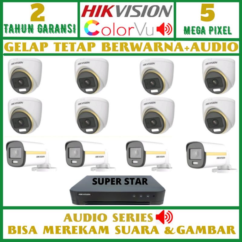 PAKET CCTV HIKVISION COLORVU 5MP 16 CHANNEL12 KAMERA AUDIO SIANG MALAM BERWARNA