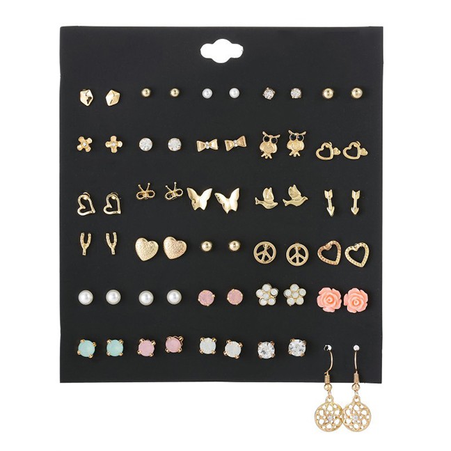 LRC Anting Set Fashion Color Mixing Flower Bow Love Heart Hollow Alloy Ear Stud Set 30 Pairs D94158