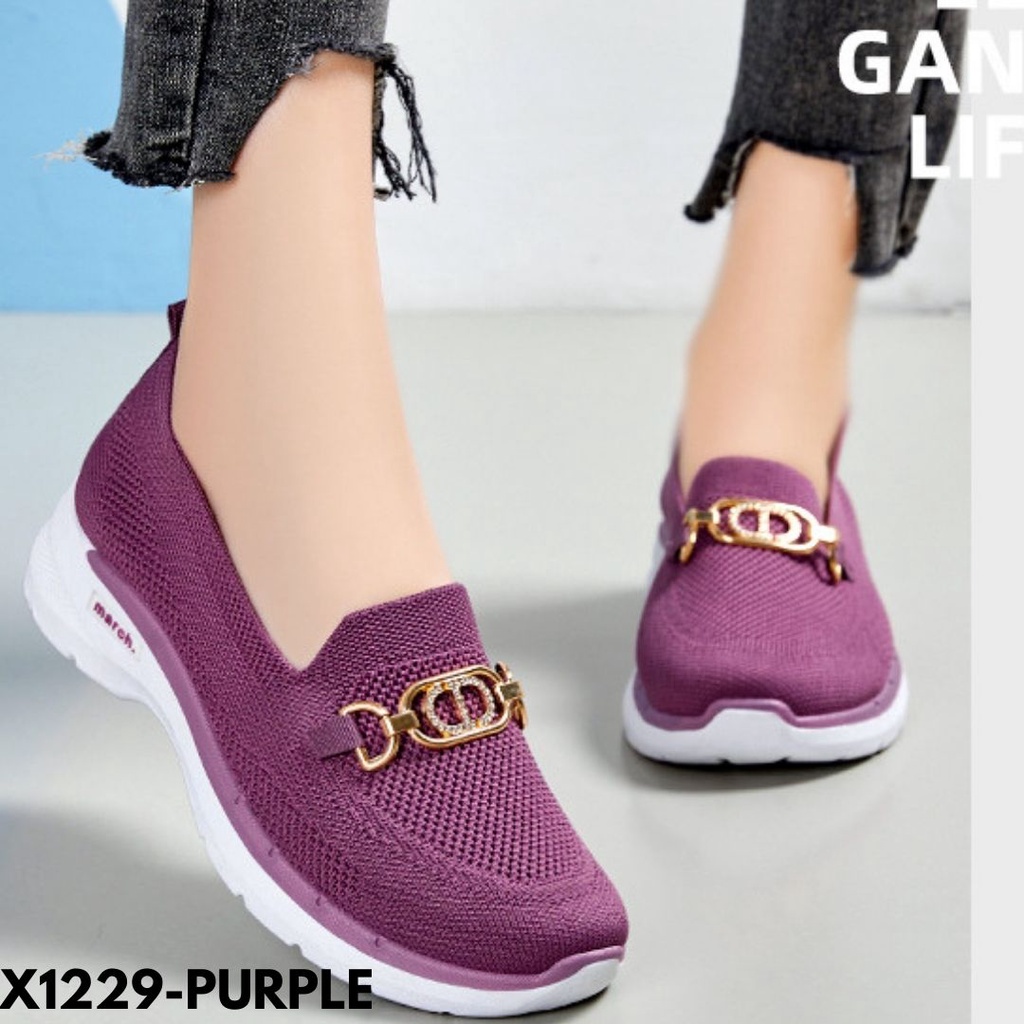 SEPATU SNEAKERS WANITA TANPA TALI KEKINIAN LOGO CAKEP BAHAN FLYKNIT IMPORT 1229