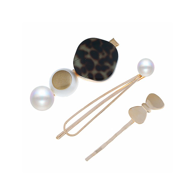 LRC Jepit Rambut Fashion BAlloy Pearl Geometry Acrylic Hair Clip Three-piece Set F6201X