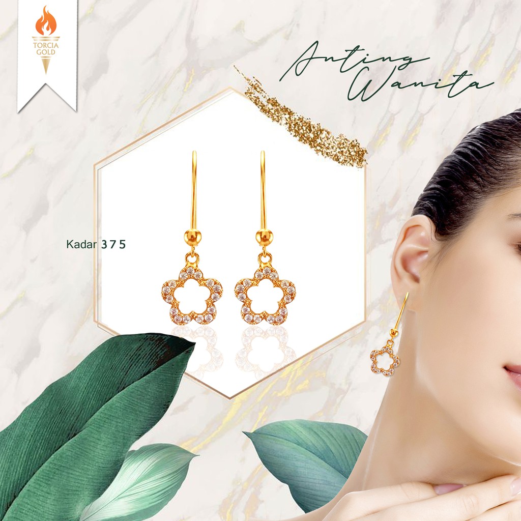 Anting Wanita Emas Asli Bunga Kadar 375 Torcia Gold