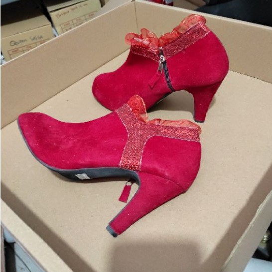 Bryan Kayana Hak Peep Toes Boots Brokat Glittar Pesta Merah 9cm Boots Zipper