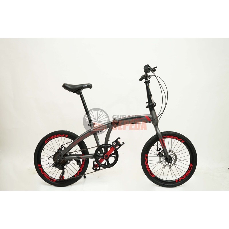 Khusus Gojek/Grab Instan Sepeda Lipat Trex Cassini 20 inch 7 speed SNI termurah COD kredit murah cakram rem mirip noris folding-Grey - Red