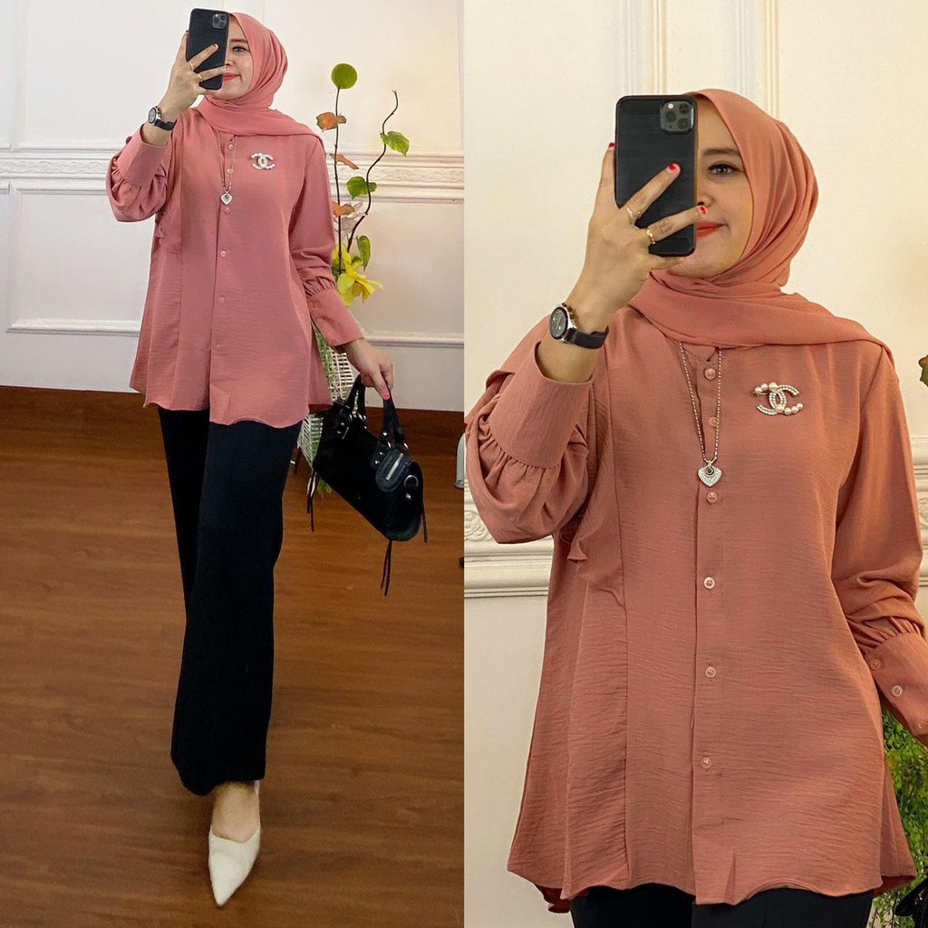Kemeja Wanita Bahan Katun Crinkle Terbaru Kekinian Rampel Satu Lengan-5