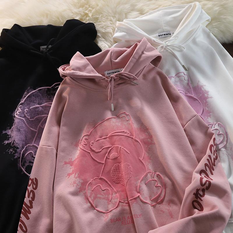 [littlecrab] Hoodie Oversize Bear Tutup Mata Splash Lucu Imut Hoodie Pink Bordir Timbul Elegan Bemesho Bear is Absolutely Reliable Cute Couple Unisex Hoodie Street Style Teddy Bear Hide And Seek Korean Style