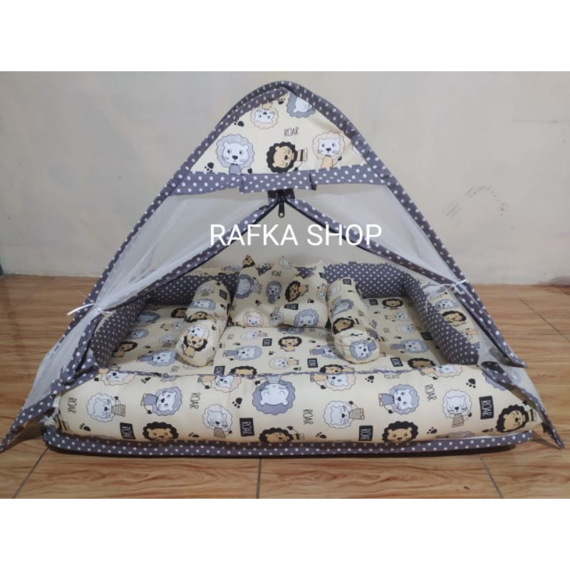 KASUR BAYI TENDA KELAMBU TERPISAH ROAR CREAM+BANTAL MAHKOTA + TAS MIKA