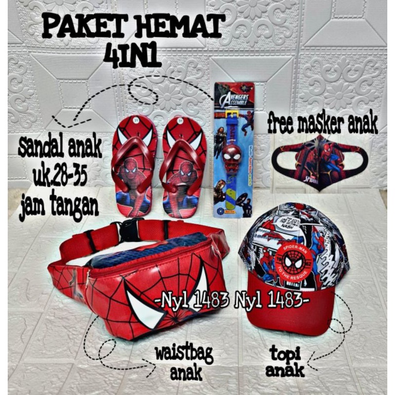 Paket Hemat 4in1 tas Waistbag anak laki-laki karakter superhero / free topi/ jam/ sandal