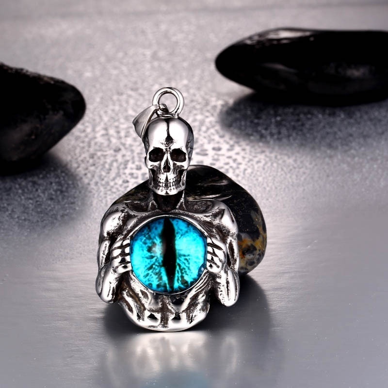 Kalung Liontin Tengkorak Mata Kucing Bahan Stainless Steel 316L Gaya Vintage Punk Untuk Pria