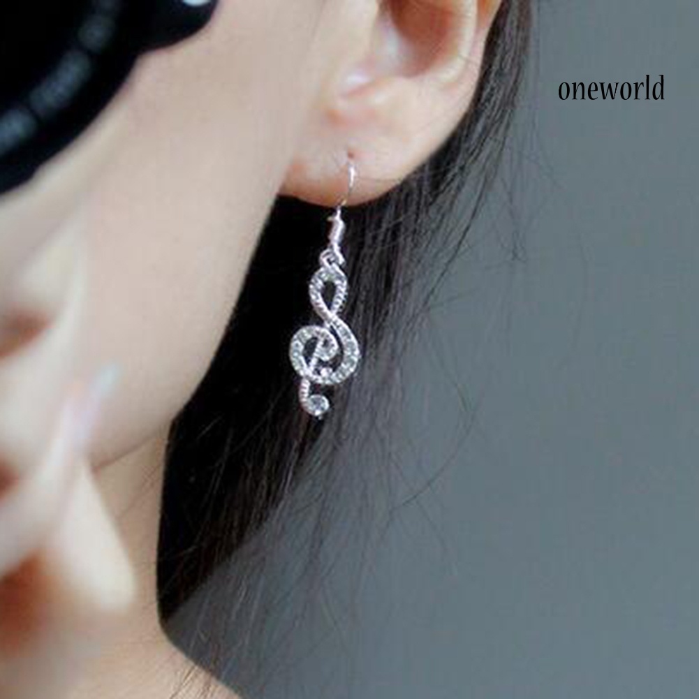 OW@ Fashion Women Rhinestone Inlaid Treble Music Note Charm Dangle Hook Earring