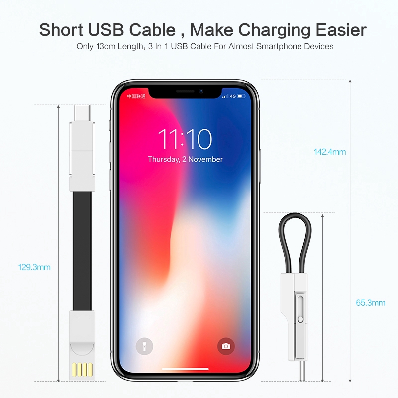 3in1 Kabel Data / Charger Micro USB + Tipe C Fast Charging Mini untuk iPhone / Android