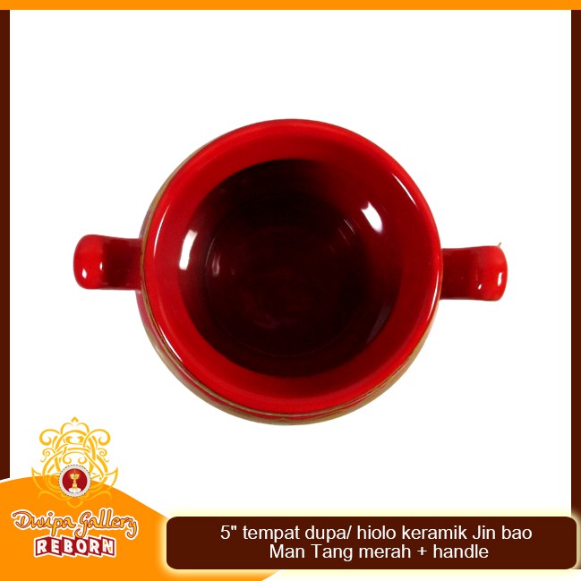 Tempat Dupa/ Hio Lo Keramik Jin Bao Man Tang merah + handle 5&quot;