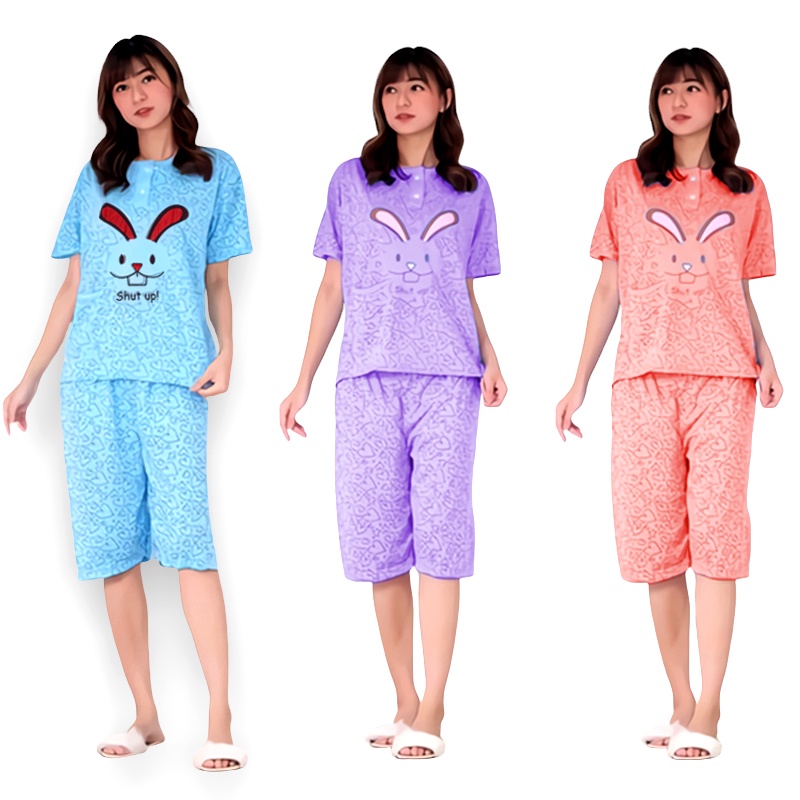 Lilipop.id  Baju Tidur Wanita 3/4 All Size Standar Shut Up Setelan Piyama BabyDoll Kaos Celana Pendek