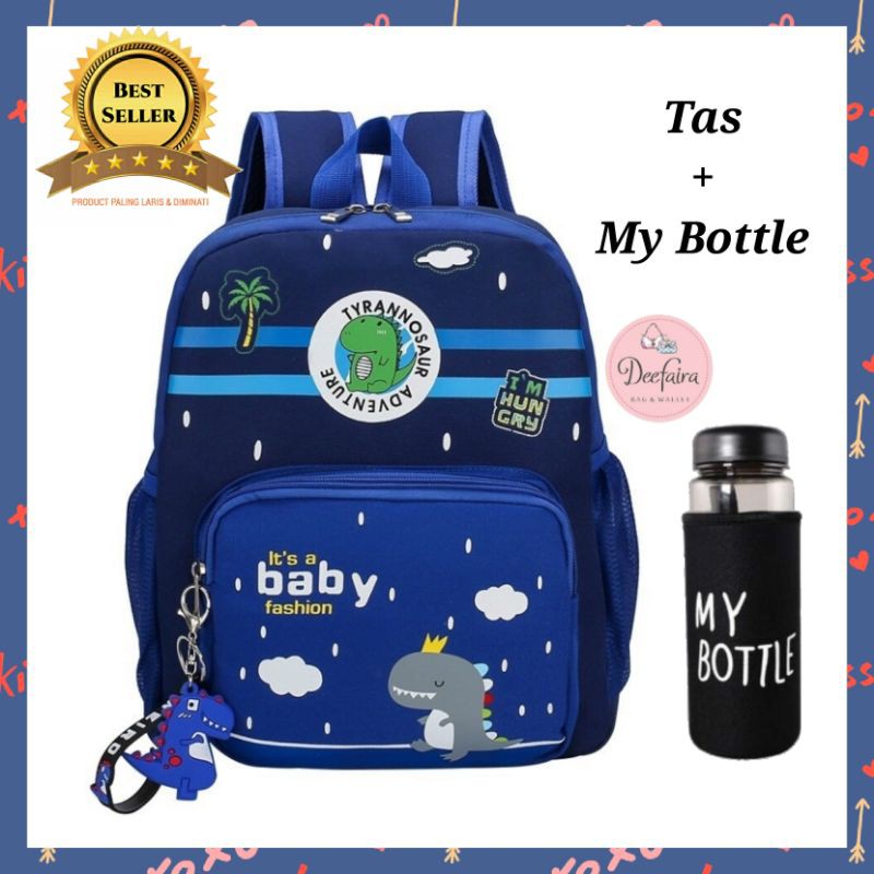 Tas Sekolah TK SD Backpack Dino Anak Laki Laki Tas Punggung Anak Perempuan Free My Bottle