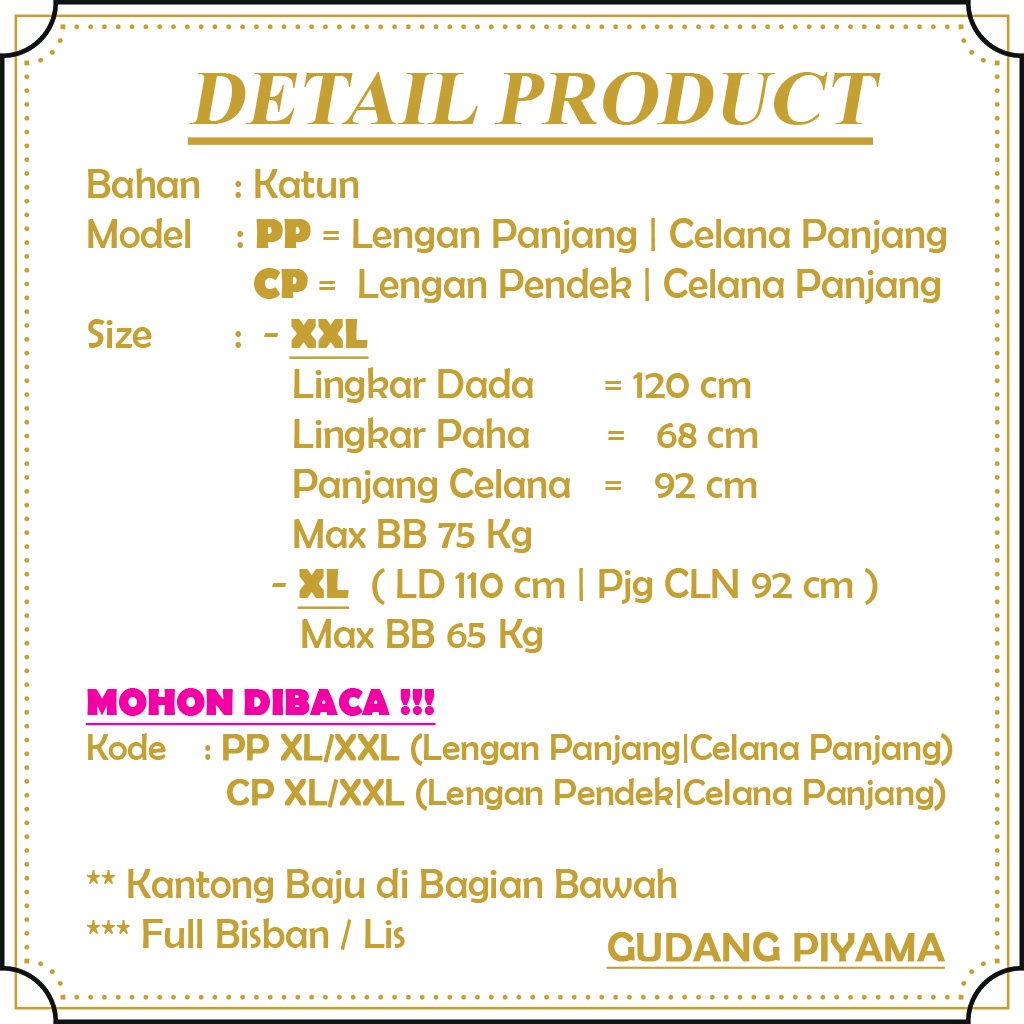 Stelan Baju Tidur Piyama Dewasa Lengan Panjang Jumbo Size XL -XXL LD 110/120