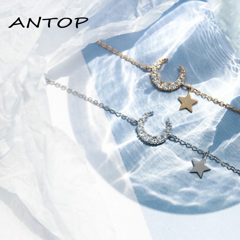 Kalung Rantai Sterling Silver Dengan Liontin Bulan + Bintang Untuk Wanita ANTOP