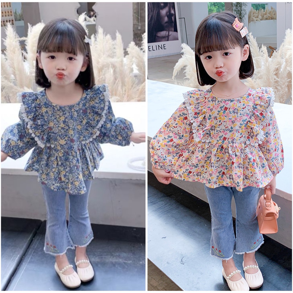 SSP50 , 3-9THN Setelan Set Anak Perempuan 2in1 Floral Blouse +Jeans