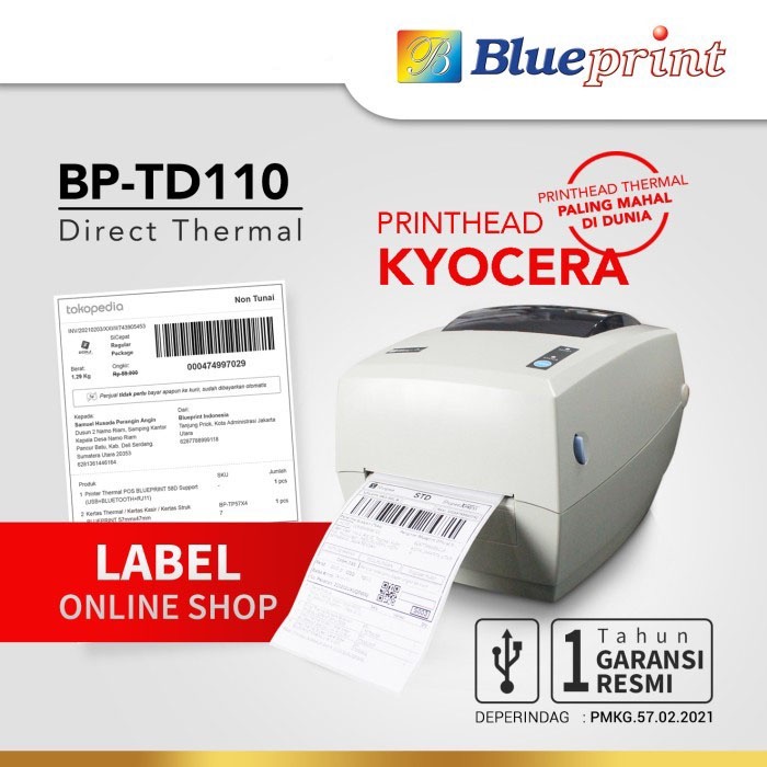 Blueprint Printer Thermal Barcode Label Resi A6 USB BP-TD110