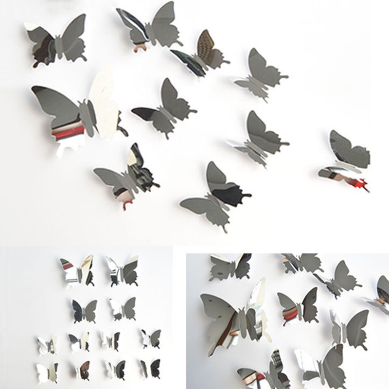 12pcs / set Stiker Dinding Decal Desain Kupu-Kupu 3D Dengan Efek Cermin DIY Butterfly