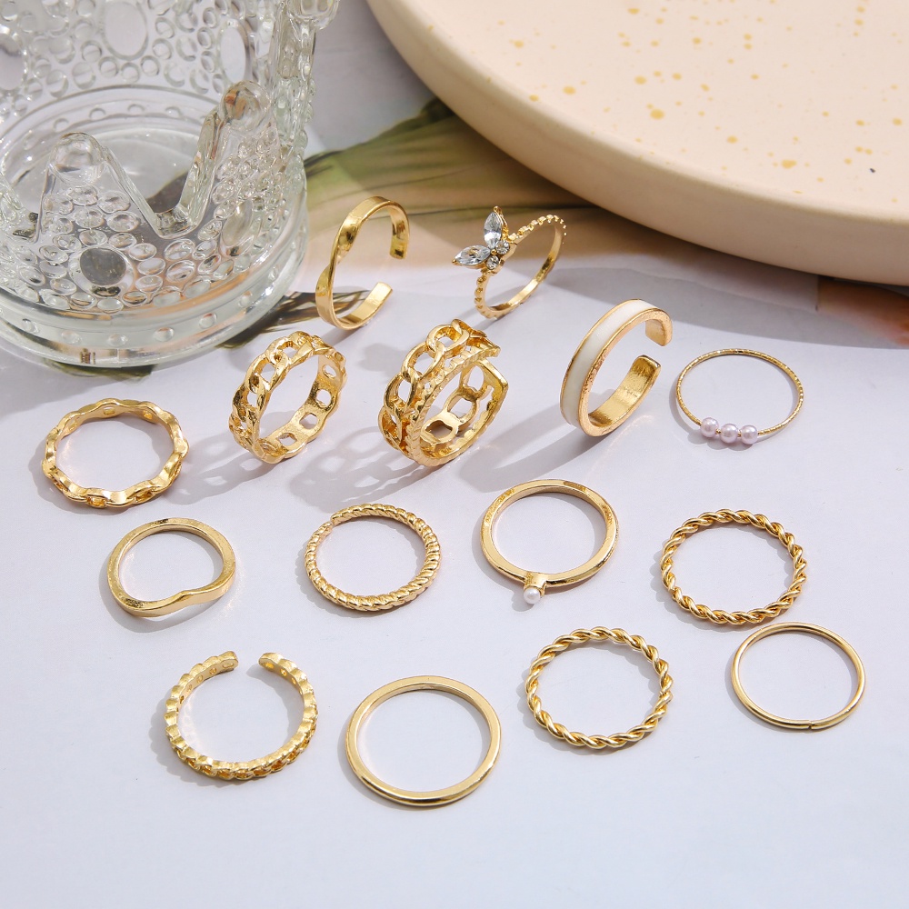 IFYOU 15pcs / set Cincin Jari Desain Kupu-Kupu Warna Emas Gaya Vintage Untuk Wanita