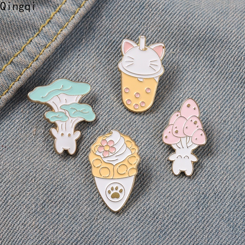 Bros Pin Enamel Desain Kartun Makanan Jamur Es Krim Boba Tea Cat Paw Untuk Anak Perempuan