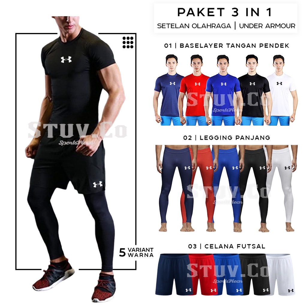 3IN1 STELAN OLAHRAGA MANSET BASELAYER TANGAN PENDEK LEGGING PANJANG DAN CELANA FUTSAL UNISEX MURAH