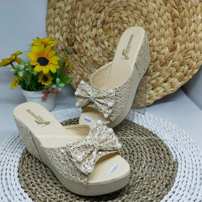 Sandal brokat - wedges brukat - sandal cantik dengan pita untuk acara pesta dan kondangan DV21