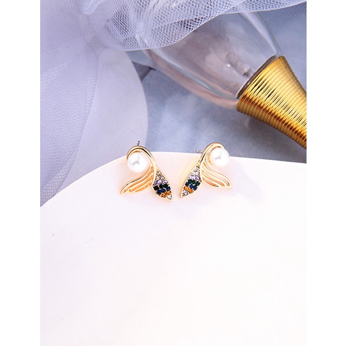LRC Anting Tusuk Fashion Gold Color Fishtail Pearl And Diamond Alloy P66288