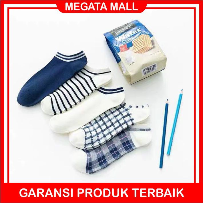 ♫ Megata ♫ A106 Kaos Kaki Wanita Motif Kotak Biru Navy Fashion Korea Women Sock Import Murah