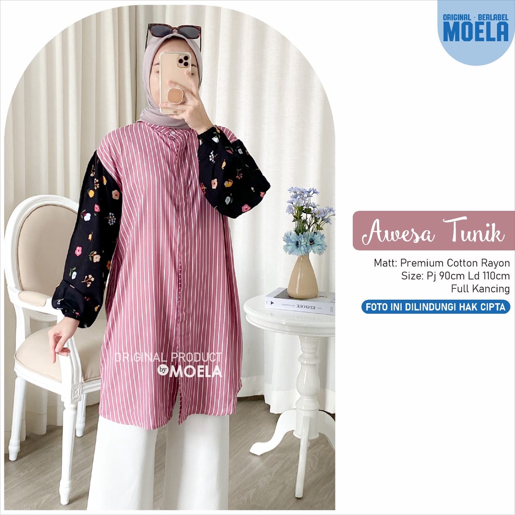 AWESA ld 110cm TUNIK ATASAN WANITA MUSLIM ORI MOELA premium cotton rayon salur OOTD STYLE kuliah wan