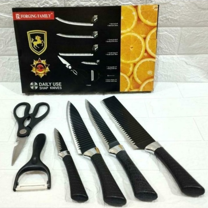 Pisau Dapur Hitam Set Isi 6 Pcs Black Knife Forging Family