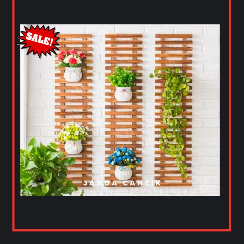 Janda Chantik Rak Bunga Tempel Dinding / Rak Bunga Taman / Rak Kayu Hiasan Warna Natural Kayu