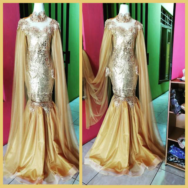 dress singer/baju penyanyi/payet selendangg gold