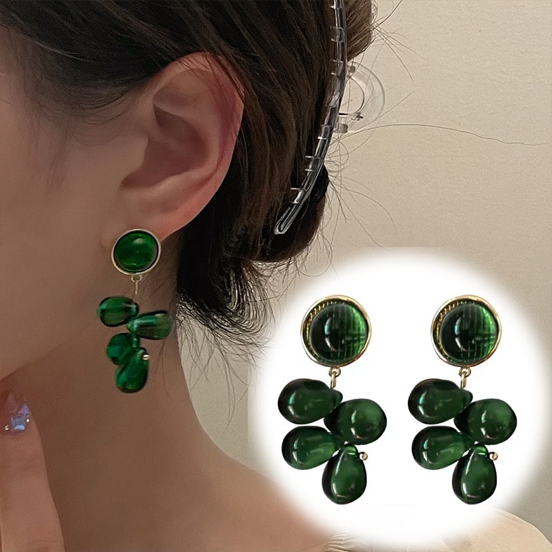 Anting Tusuk Silver Desain Anggur Zamrud Geometri Gaya Perancis Untuk Wanita