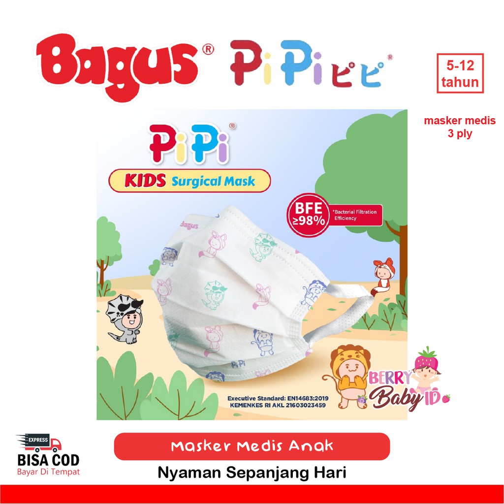 Bagus Pipi Kids Surgical Mask 3 Ply Earloop Masker Medis Anak 10 Sheet Berry Mart