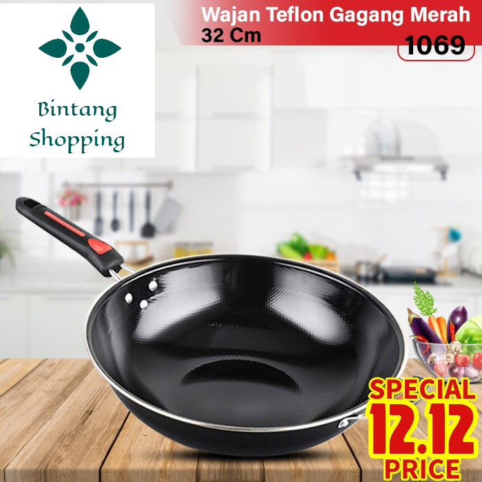 Wajan Teflon Gagang Merah 32cm 1069-Wajan Penggorengan Teflon 32cm ORIGINAL