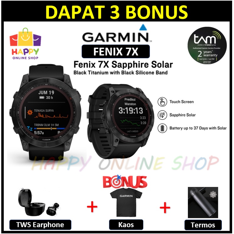 Garmin Fenix 7X Shapire Solar Black Titanium With Black Silicone Band Garmin Fenix 7 X Garansi Resmi 2 Tahun