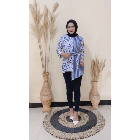 tey-17 Batik wanita ASJ SA HRB026 Kenongo Kemeja Tosca Pendek-Sibori biru
