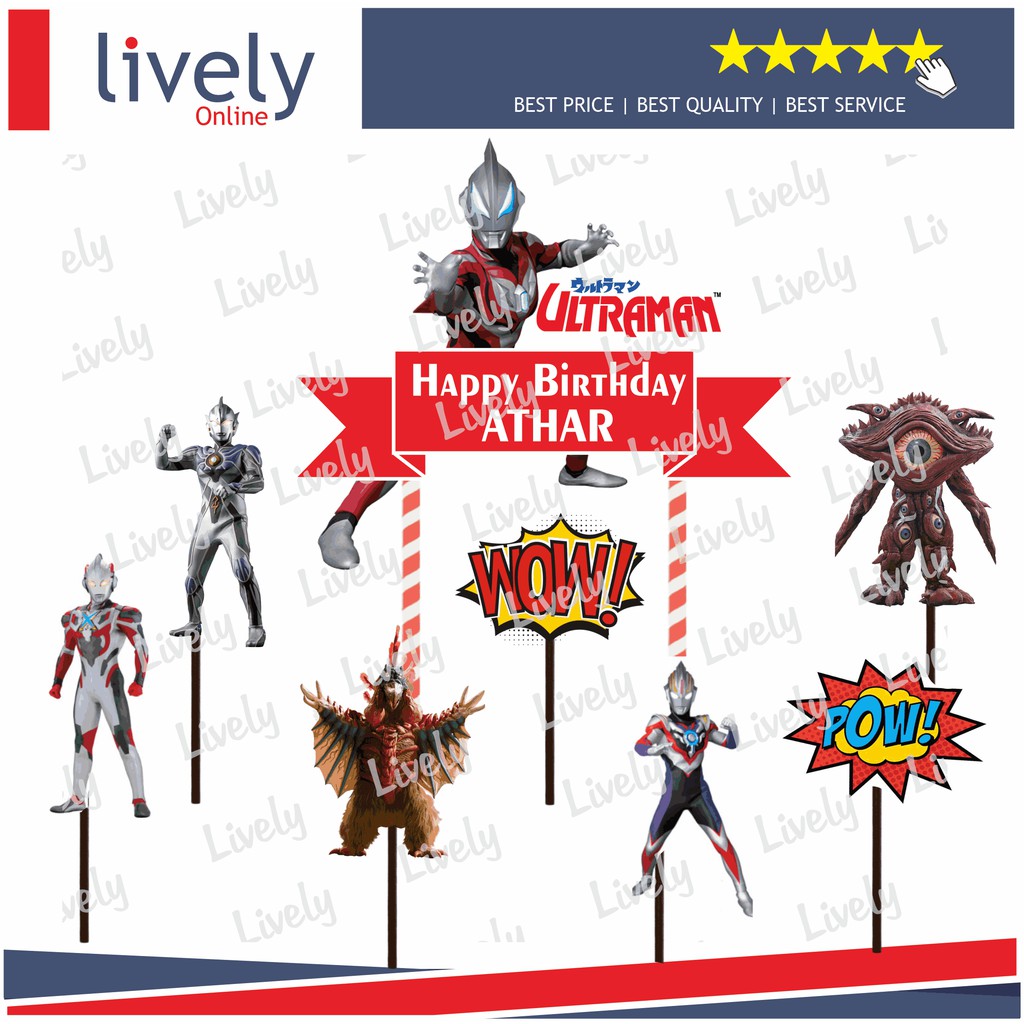 CAKE TOPPER KARAKTER HIASAN KUE HBD HAPPY BIRTHDAY CUSTOM NAMA ULTRAMAN 01 set