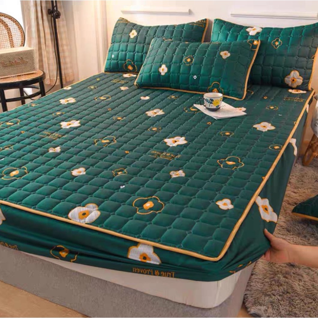 Sprei Waterproof / Sprei Protector bermotif / Sprei anti air ukuran 180x200CM dan 160x200CM-180 HIJAU BUNGA